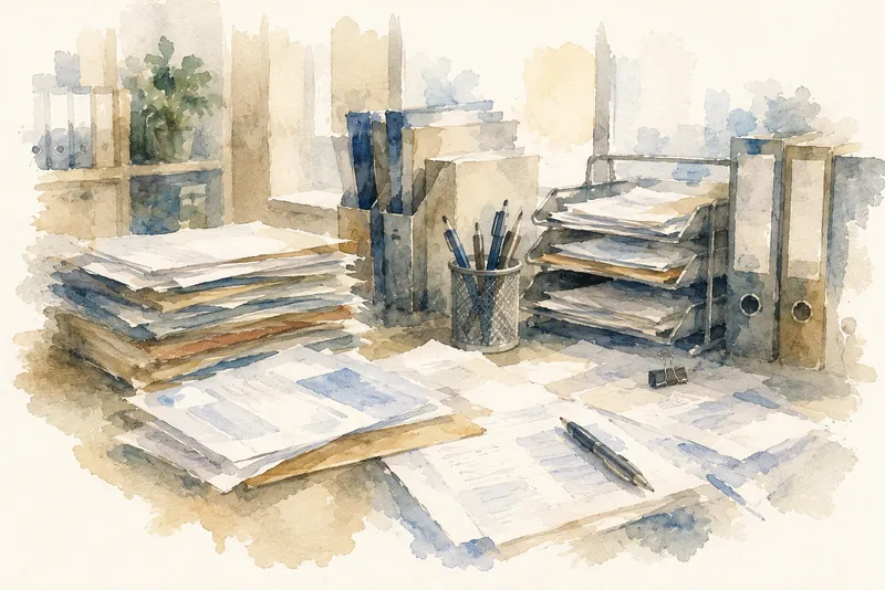 Aquarelle d’un bureau couvert de dossiers