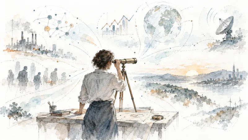 Aquarelle d’une personne à la lunette scrutant l’horizon, entourée d’un globe, de courbes et d’une antenne