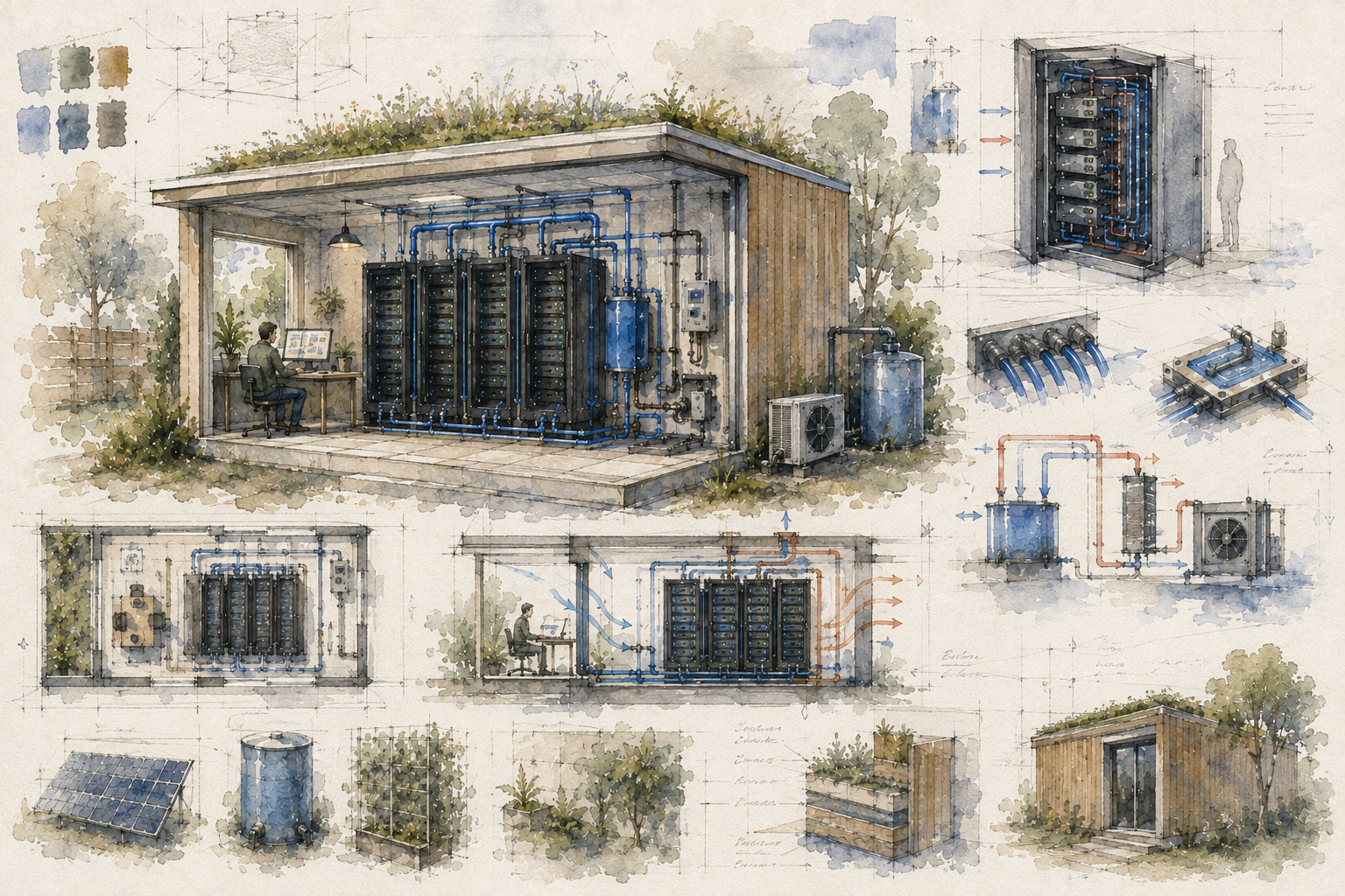 Salle serveurs peinte à l'aquarelle, en arrière-plan