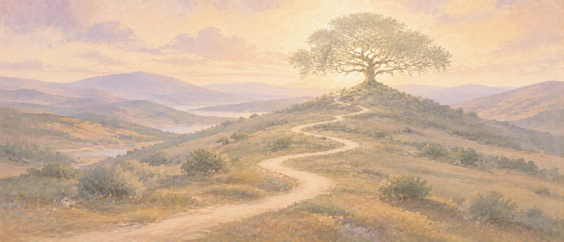 Peinture d'un chemin qui monte vers un arbre isolé, illustration de la démarche Kalaia